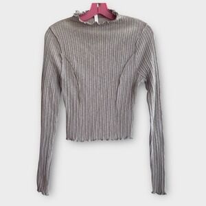 Altar'd State Gray Ribbed Knit‎ Ruffle Mock Neck Long Sleeve Top Women's XL